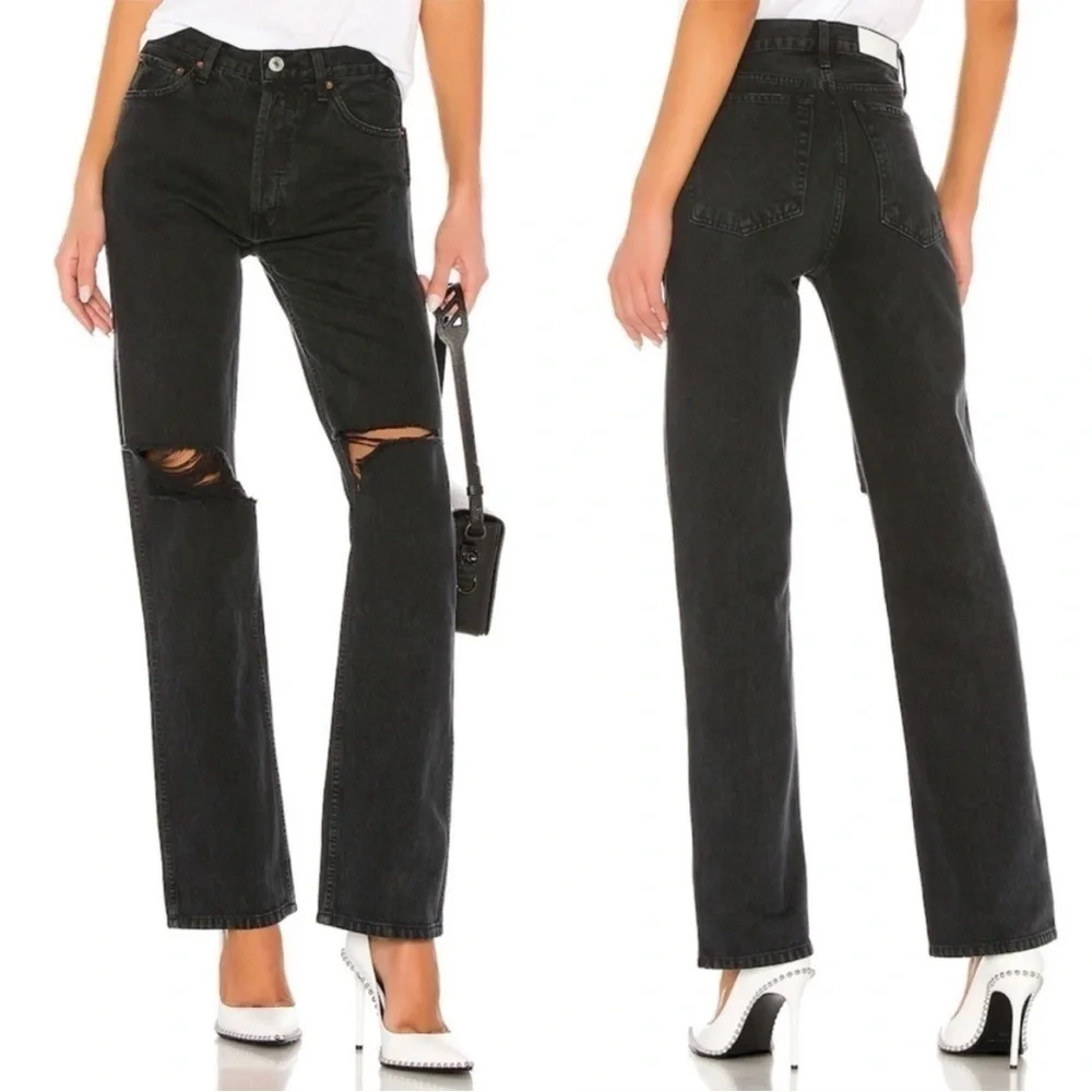 Re/Done- Original High Rise Loose In Washed Black With Rips And Raw Hem 29